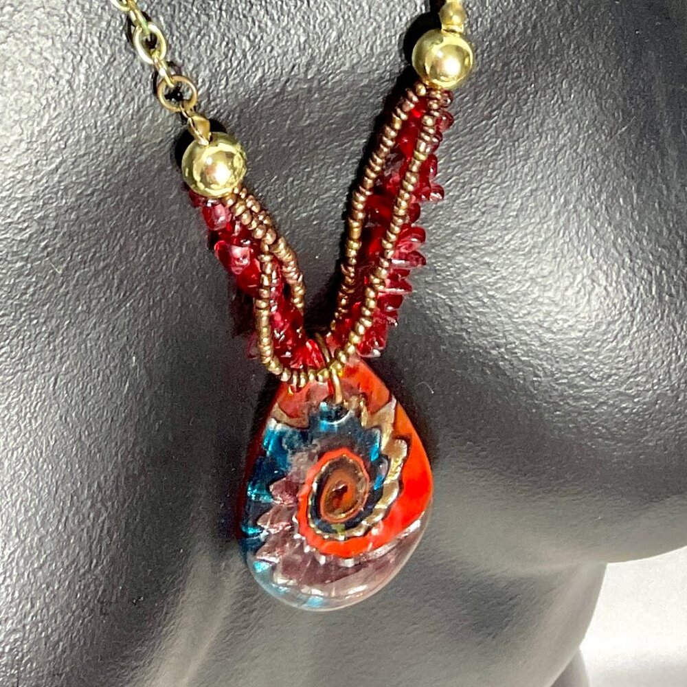 Red and Gold Tone Necklace With Glass Pendant 22 1/2"